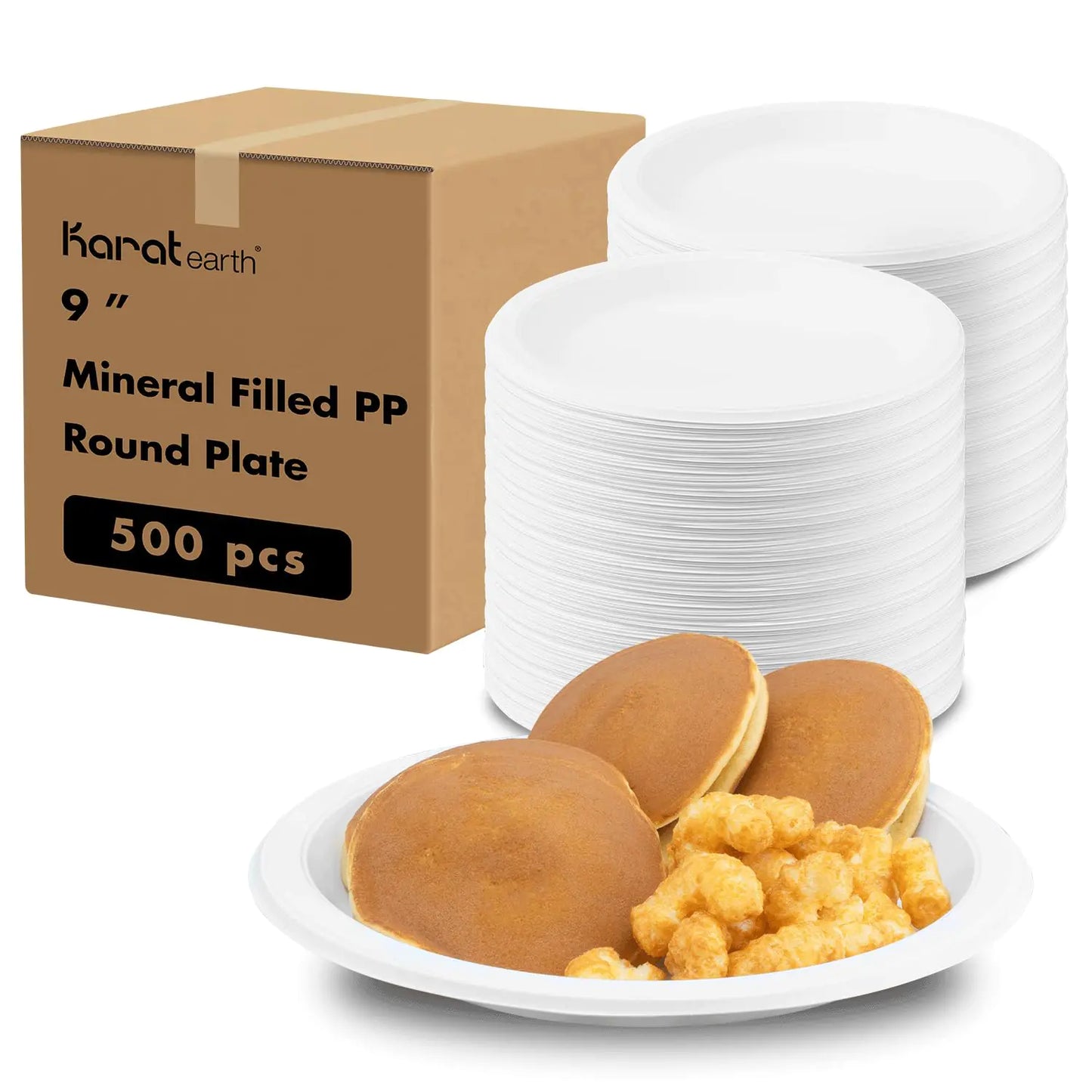 Round Plate 9" - 500 pcs - White Round Heavy Duty Disposable Plates - Eco Friendly Mineral Filled PP Plastic Reduce Plastic Use