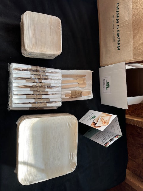 Eco Friendly Dinnerware Set 25 each of 9” & 6 “ Round Plates, wooden cutlery kit