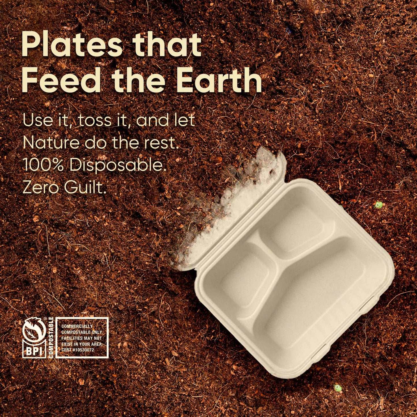9 Inch 3-Compartment Sugarcane Bagasse Compostable Clamshell - Case of 8 (200 Pcs)