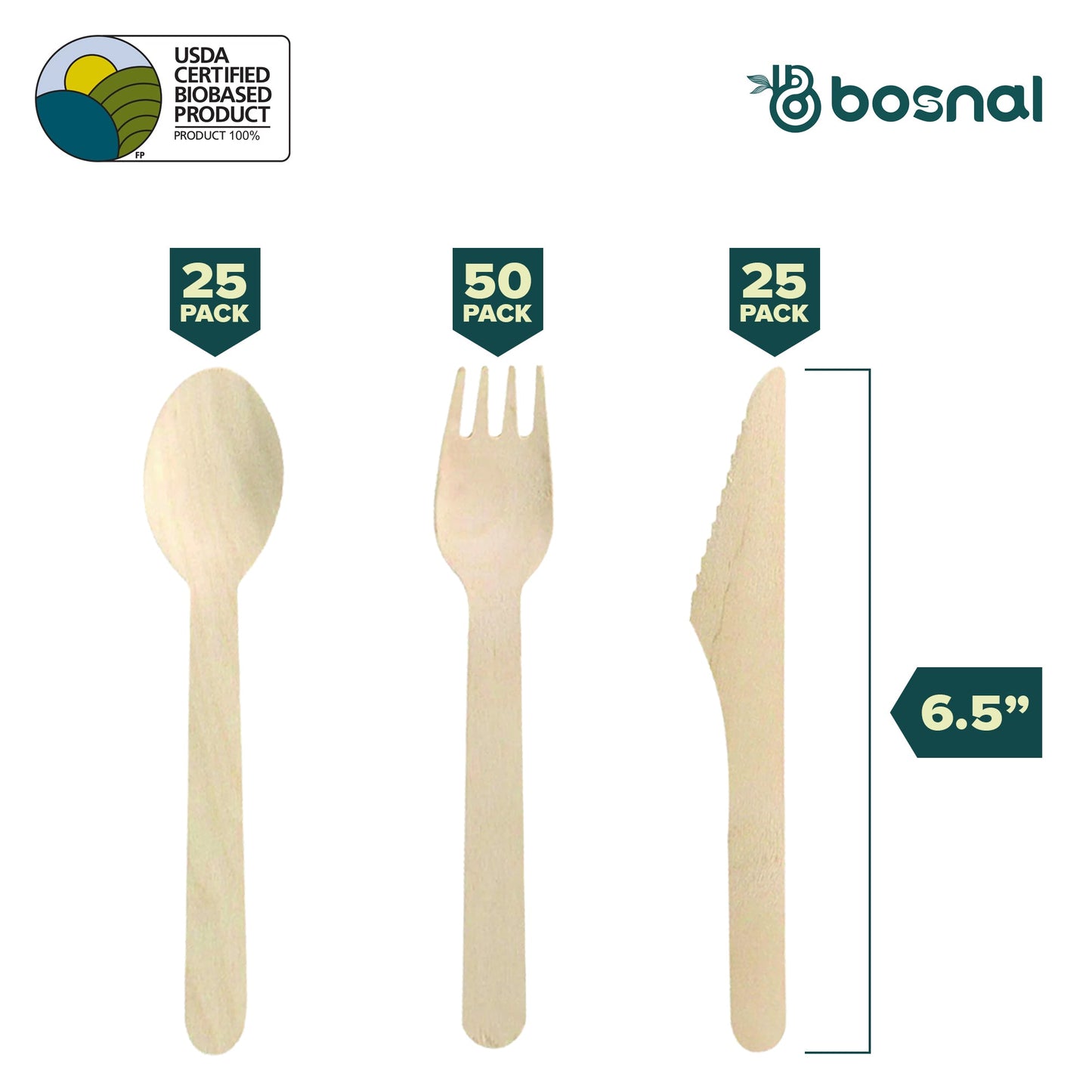 Wooden Disposable Cutlery Set, 6.5 inch, 100 Pcs