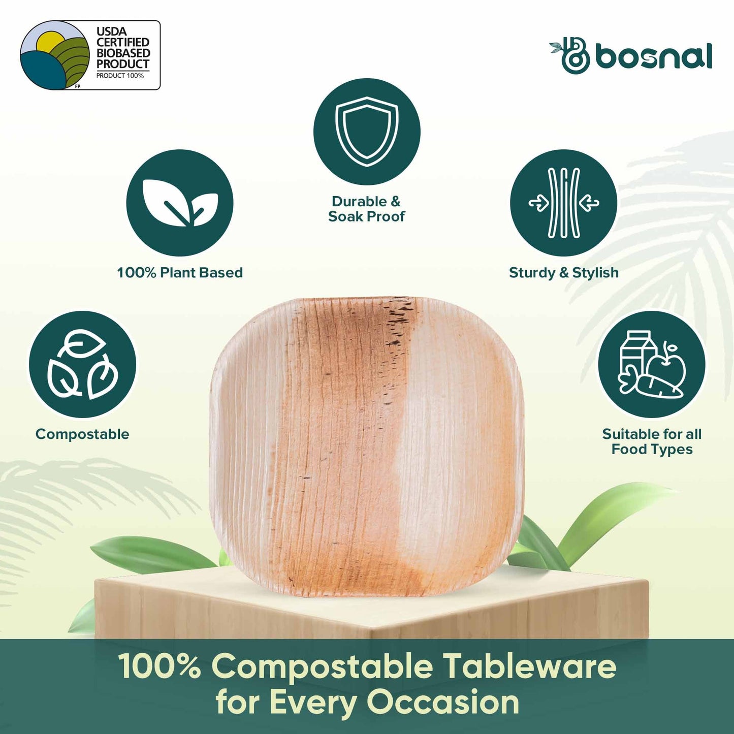 Palm Leaf Biodegradable Plates, 4 inch, Square