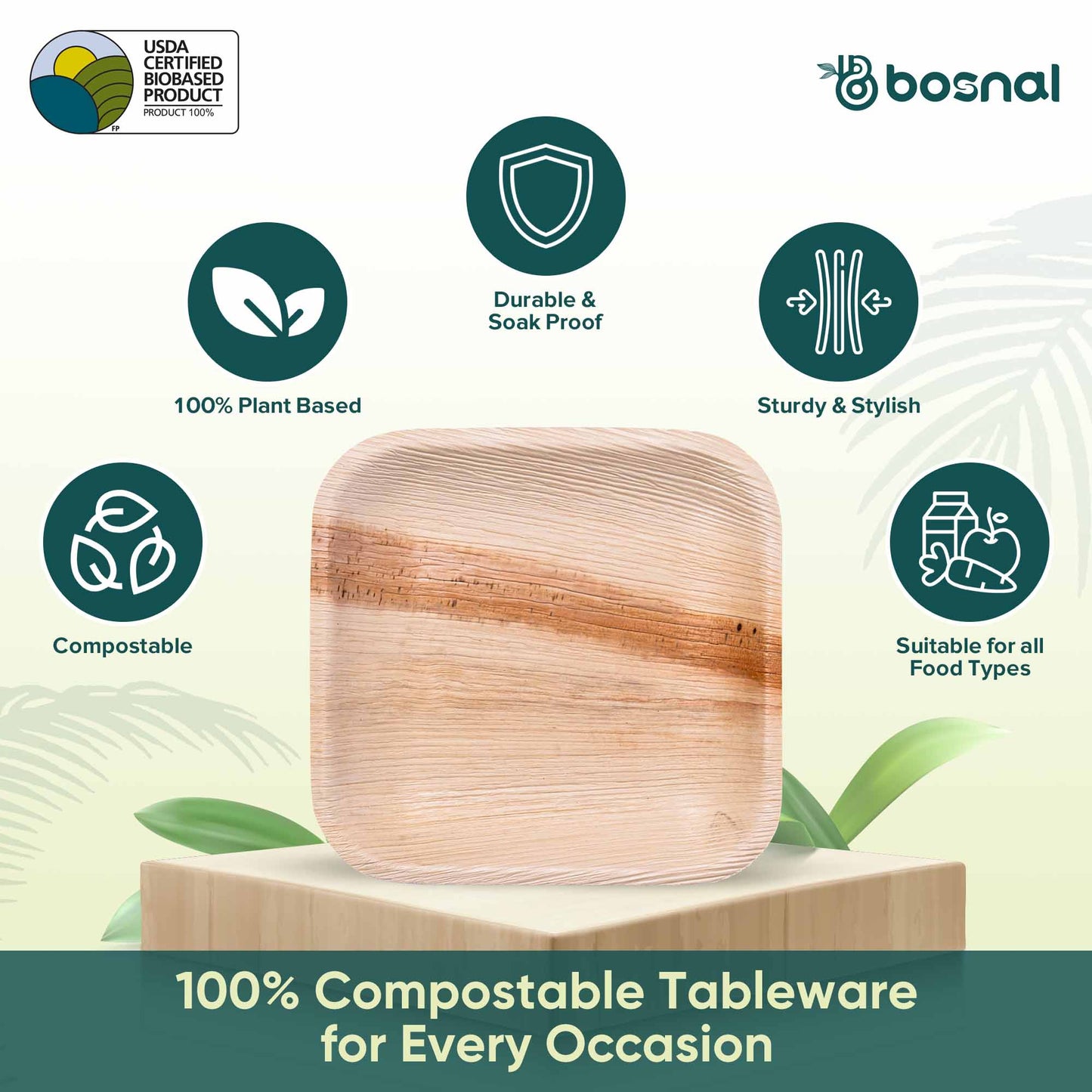 Palm Leaf Biodegradable Plates; 7 inch, Square