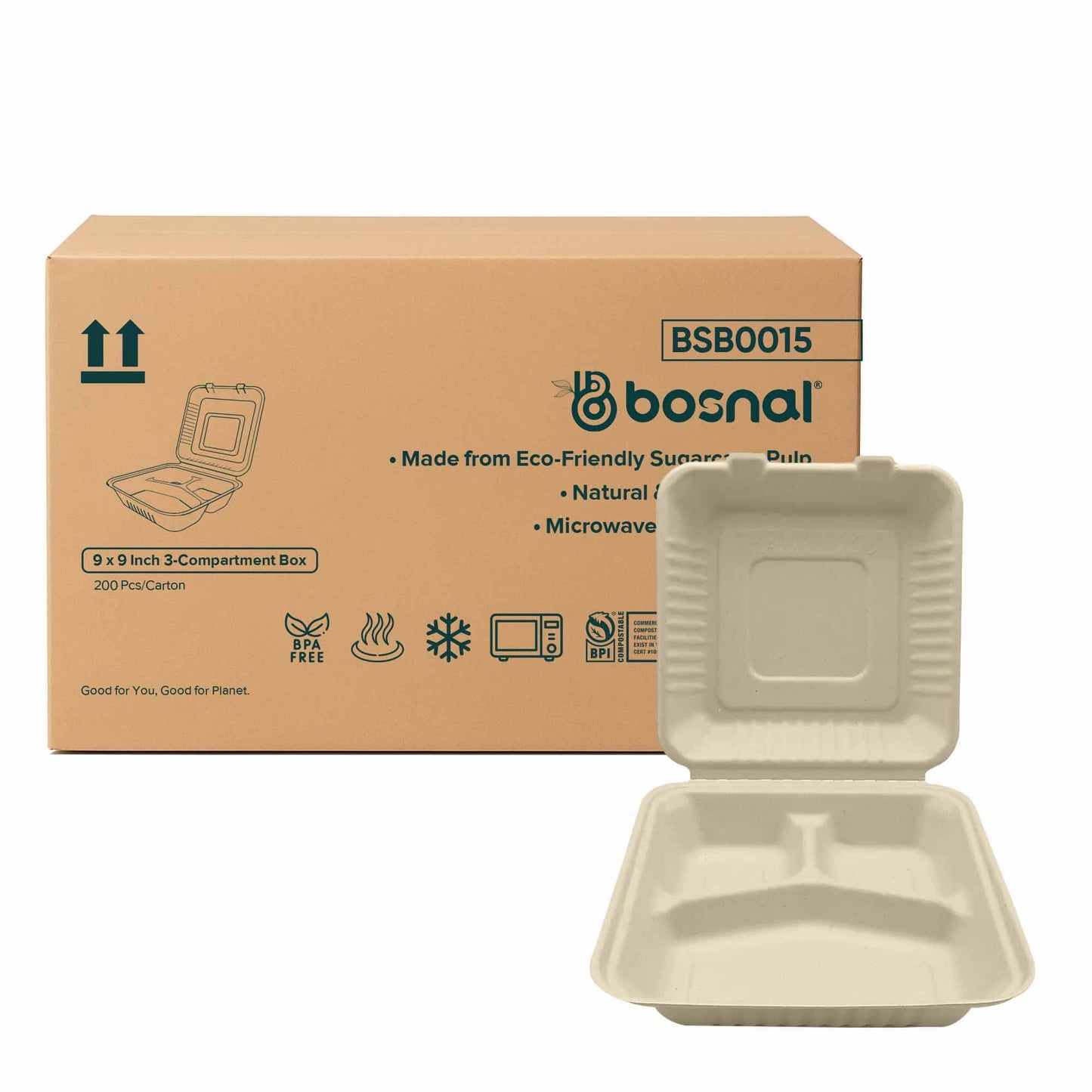 9 Inch 3-Compartment Sugarcane Bagasse Compostable Clamshell - Case of 8 (200 Pcs)