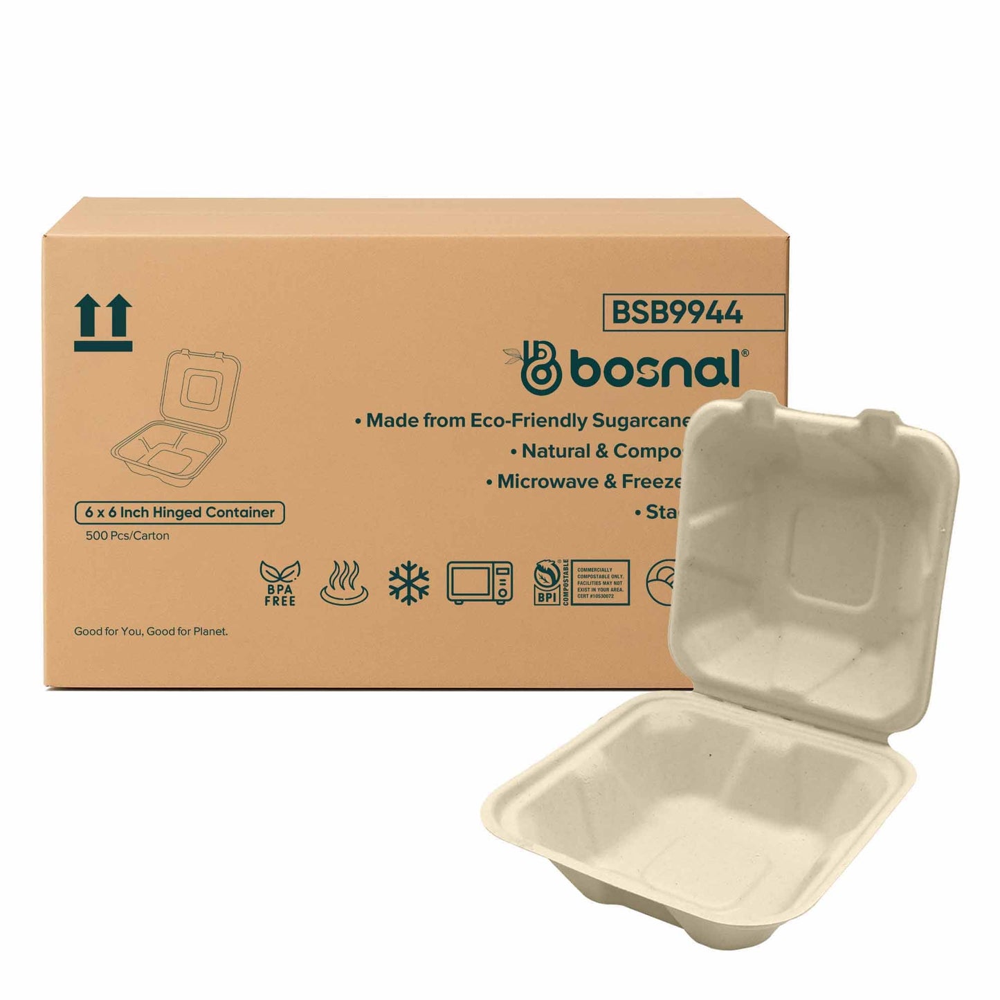 6 " Sugarcane Bagasse Compostable Square Clamshell Containers - Case of 20 (500 Pcs)
