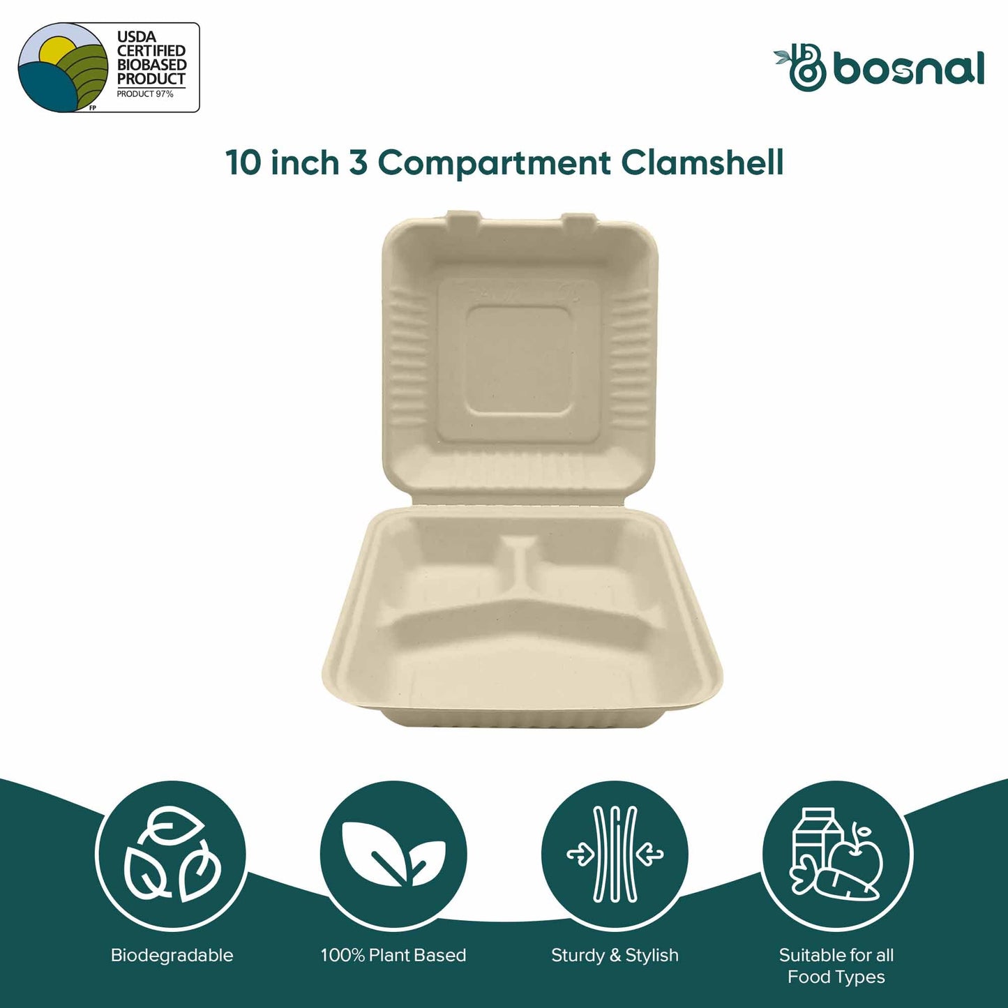 9 Inch 3-Compartment Sugarcane Bagasse Compostable Clamshell - Case of 8 (200 Pcs)
