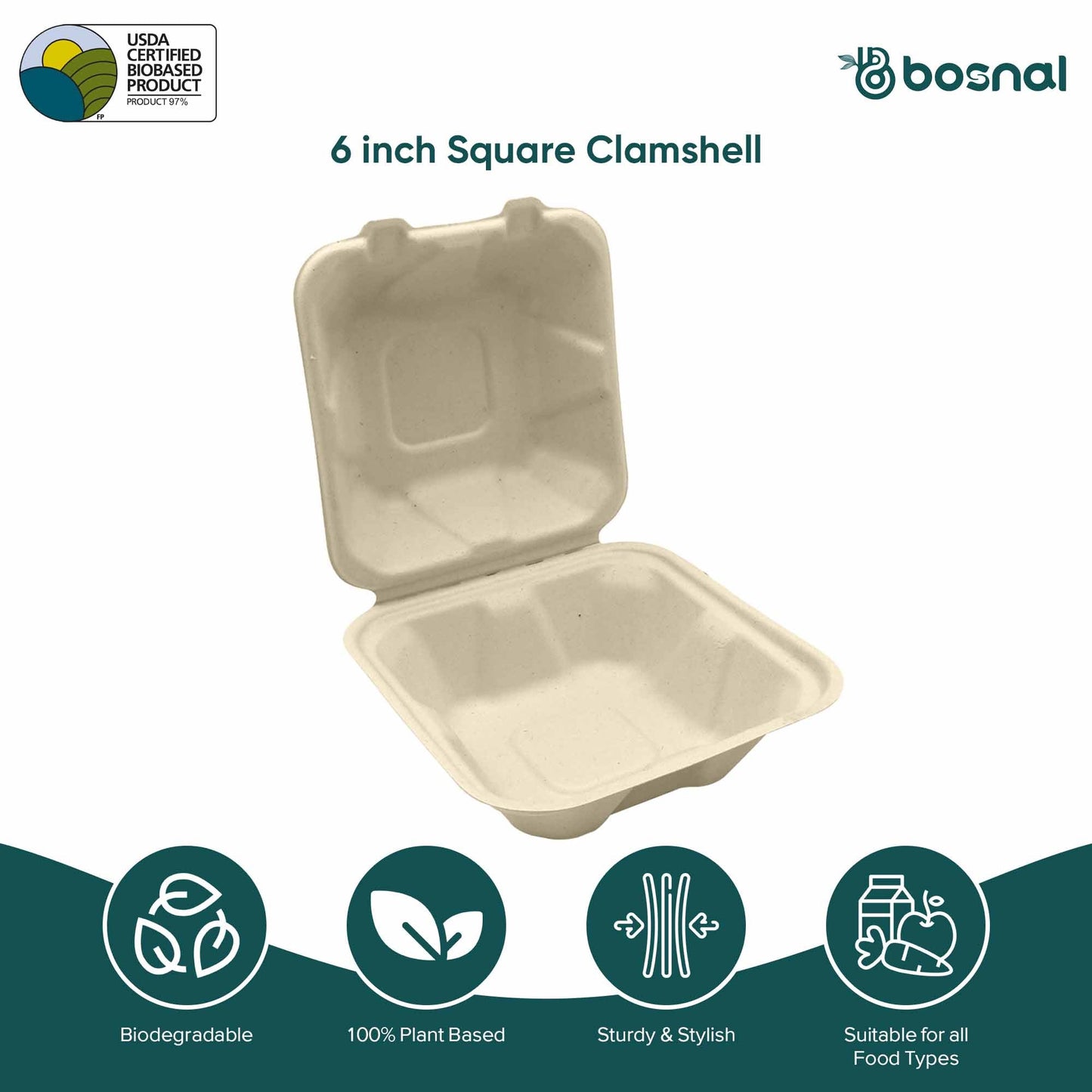 6 " Sugarcane Bagasse Compostable Square Clamshell Containers - Case of 20 (500 Pcs)