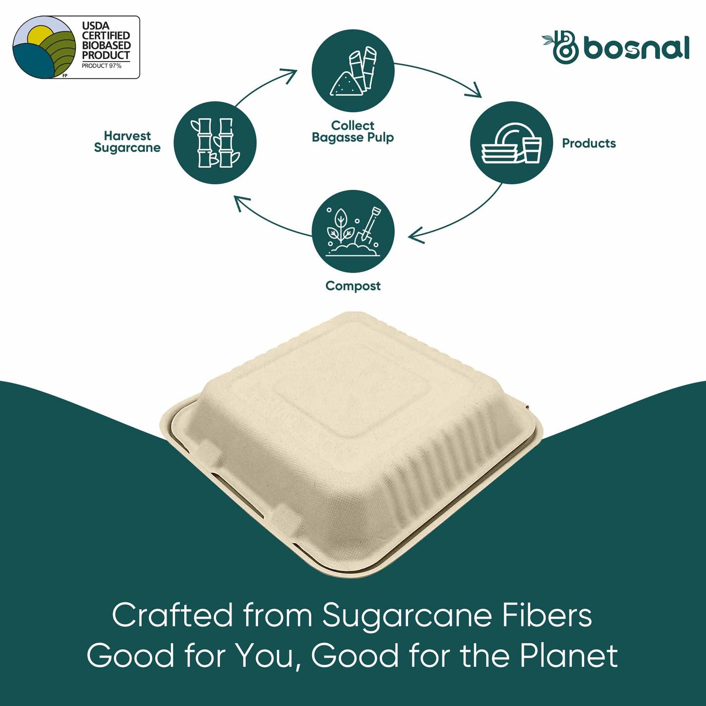 9 Inch 3-Compartment Sugarcane Bagasse Compostable Clamshell - Case of 8 (200 Pcs)