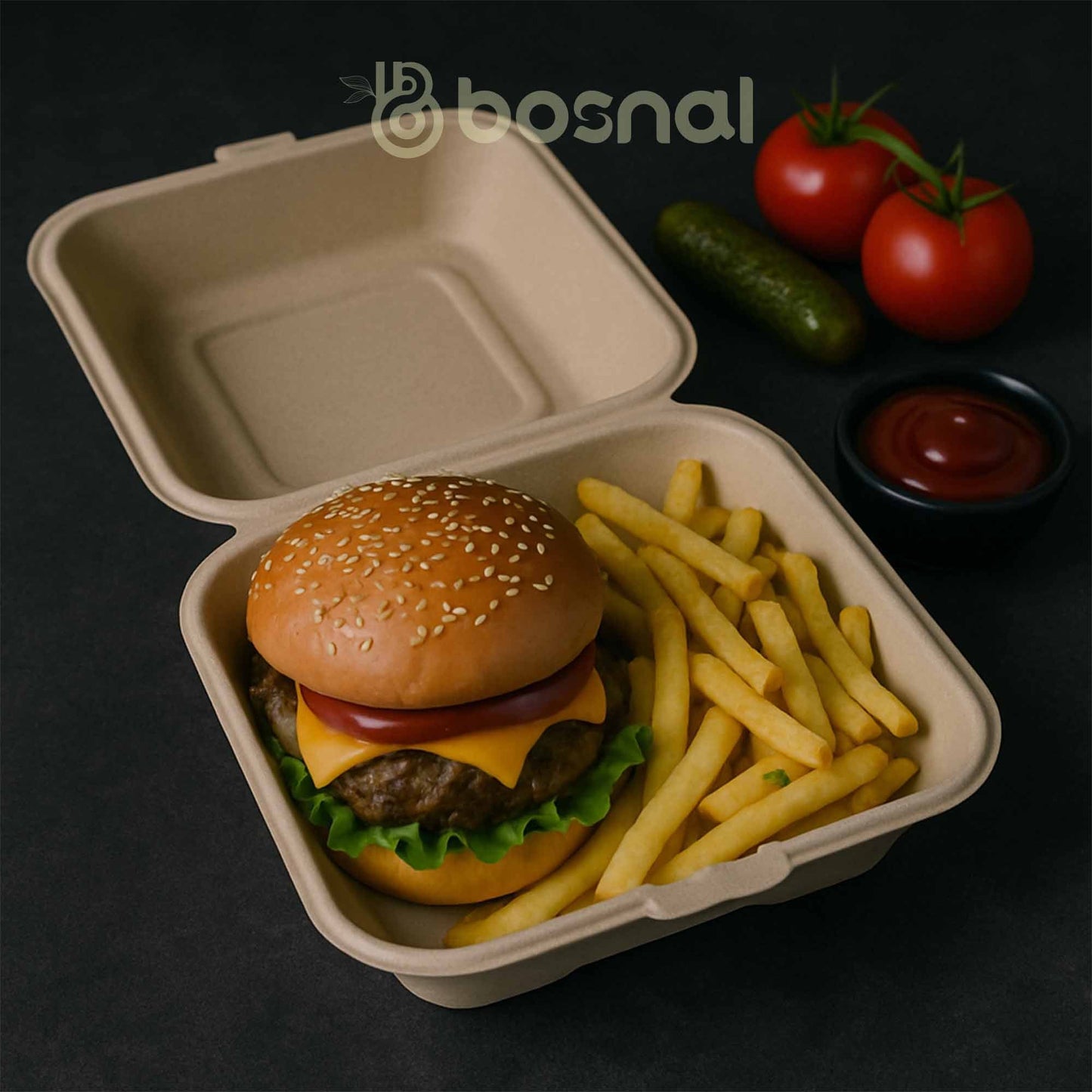 6 " Sugarcane Bagasse Compostable Square Clamshell Containers - Case of 20 (500 Pcs)