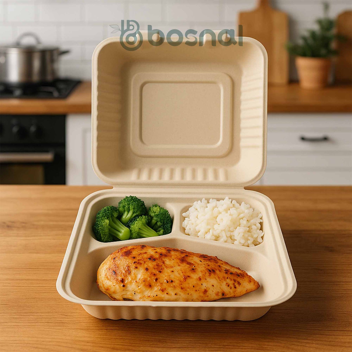 9 Inch 3-Compartment Sugarcane Bagasse Compostable Clamshell - Case of 8 (200 Pcs)