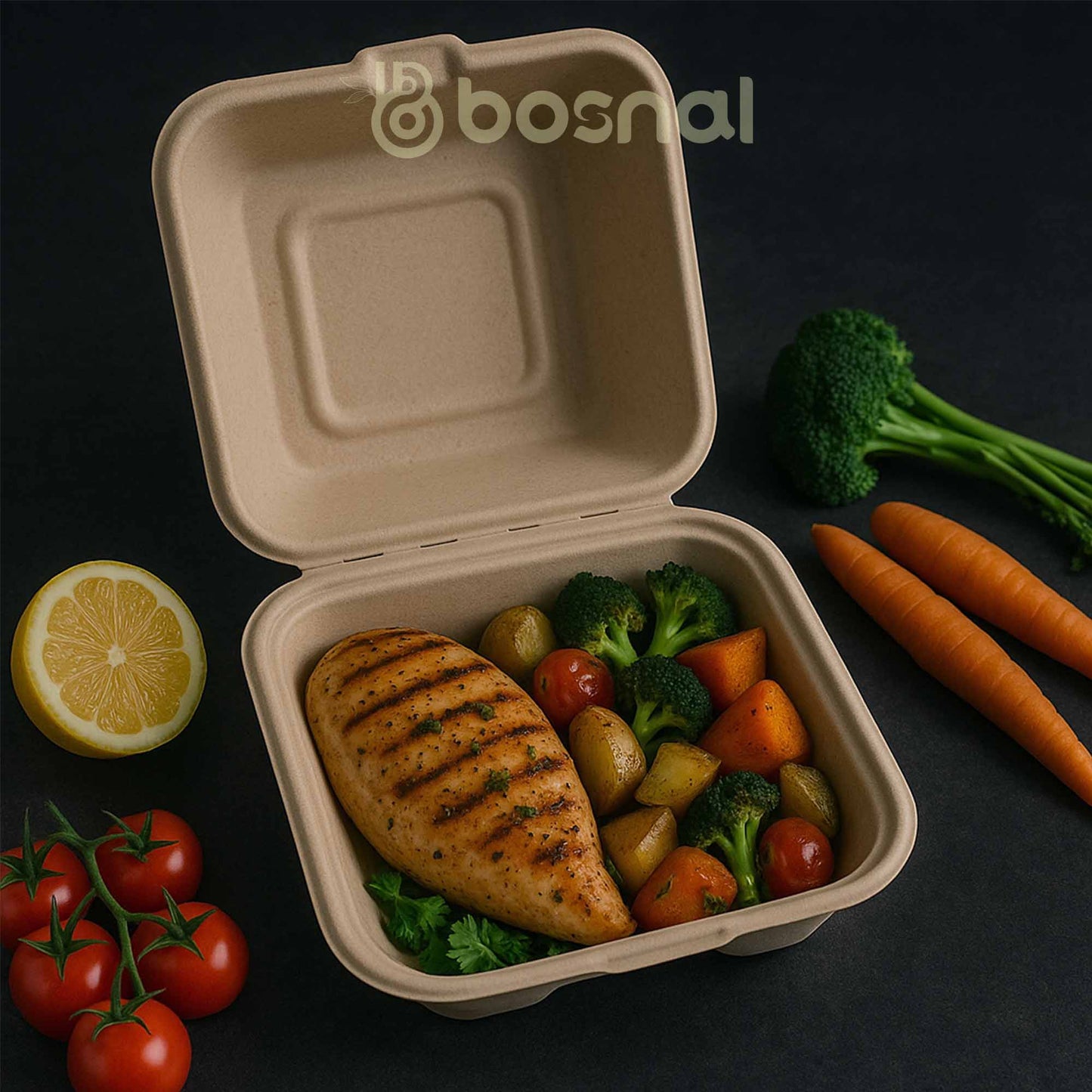 6 " Sugarcane Bagasse Compostable Square Clamshell Containers - Case of 20 (500 Pcs)