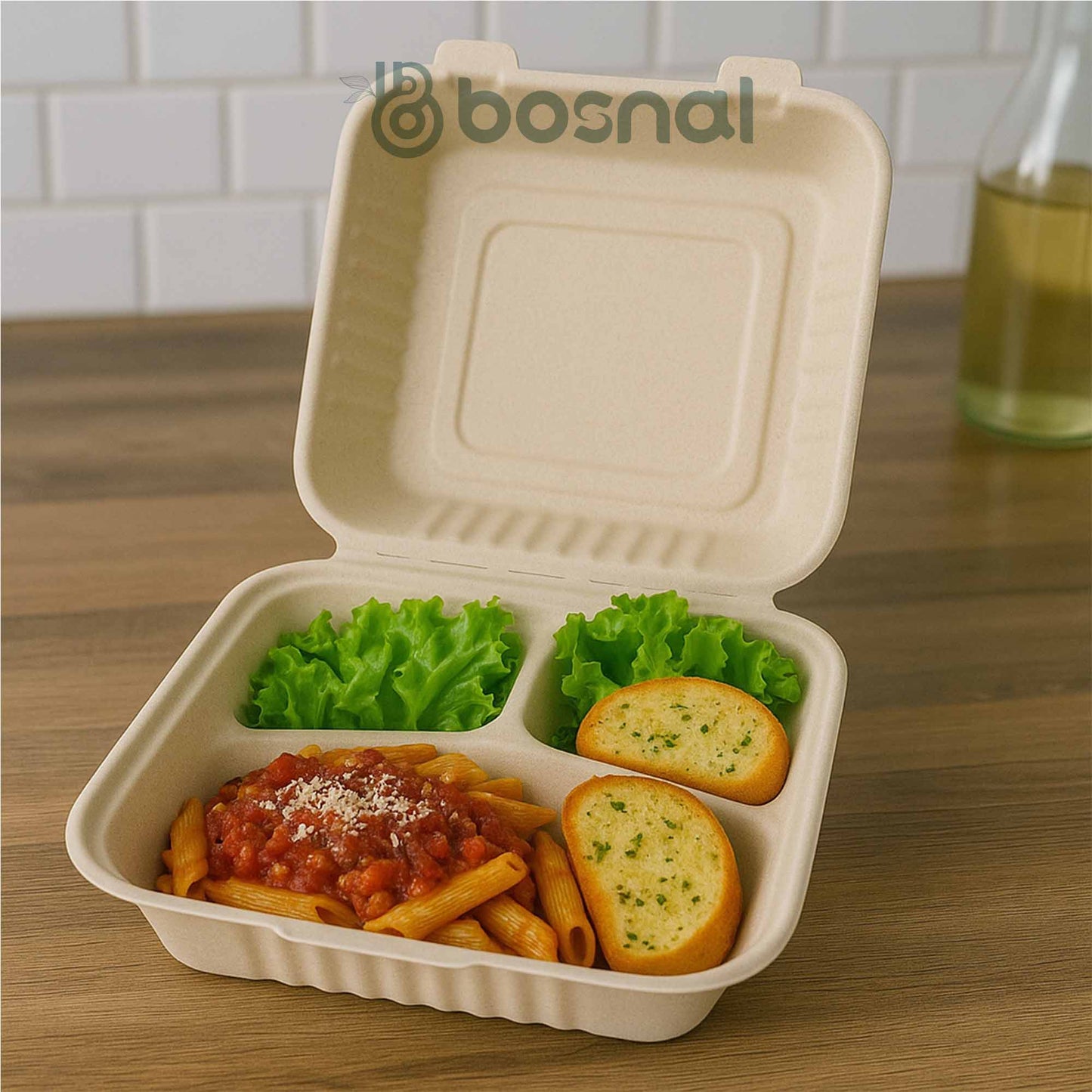 9 Inch 3-Compartment Sugarcane Bagasse Compostable Clamshell - Case of 8 (200 Pcs)